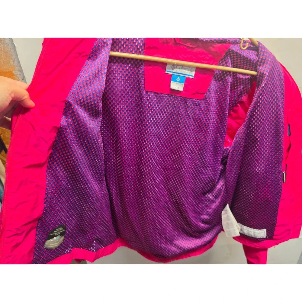 Columbia Youth Girls Pink Purple Hooded Rain Jacket Windbreaker Size 14/16 L